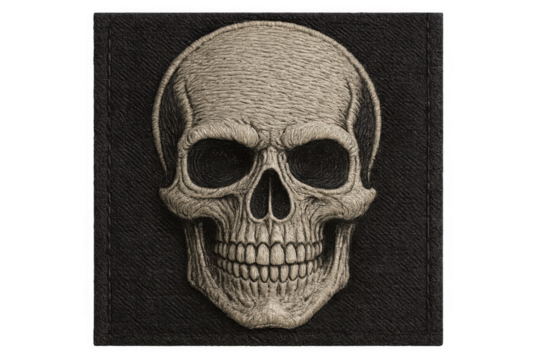 Embroidered skull patch symbolising death, grunge, rock, biker culture, and rebellion on transparent background - Powered by Adobe