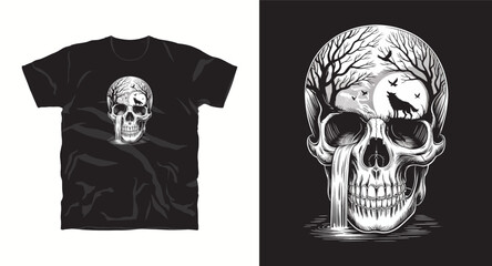 Obraz premium Skull with Wolf Head Vector Design Black T-shirt Mockup Skeleton Head Waterfall Silhouette in Eyes Wolf Nature Animal Silhouette Night Landscape Design Template for Textile