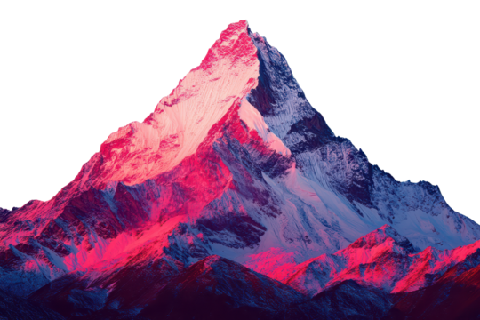 Snow covered mountain peak glows with vibrant red hues during sunset in a breathtaking landscape