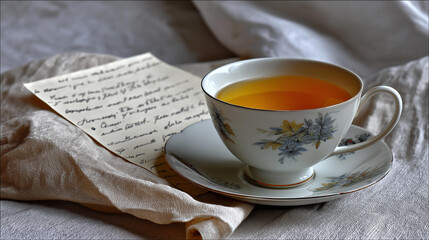 Cup of tea on linen napkin beside handwritten letter, delicate morning light, intimacy and memory, timeless tone.