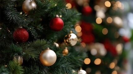 Colorful red and white ornaments hang on a festive tree, creating a warm and joyful atmosphere for the holiday season