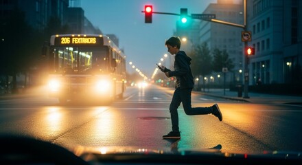 Young caucasian teen running across city street at dusk with bus approaching