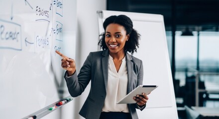African female adult presenting business strategy with tablet