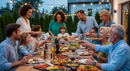 Caucasian and african adults enjoying outdoor family dinner party with mixed age group
