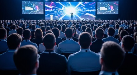 Caucasian male speaker addresses business conference audience in dimly lit auditorium
