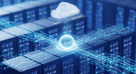 Digital saas cloud computing concept with data servers and networking