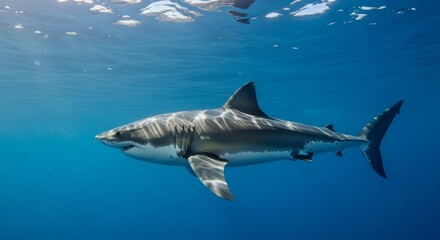 Obraz premium Great white shark swimming underwater in sunlit ocean scene
