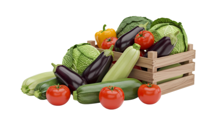 Freshly harvested organic vegetable assortment in a rustic wooden crate on a transparent background