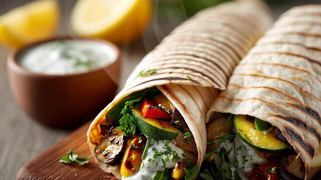 Two burritos with vegetables and a bowl of sauce. Scene is casual and inviting