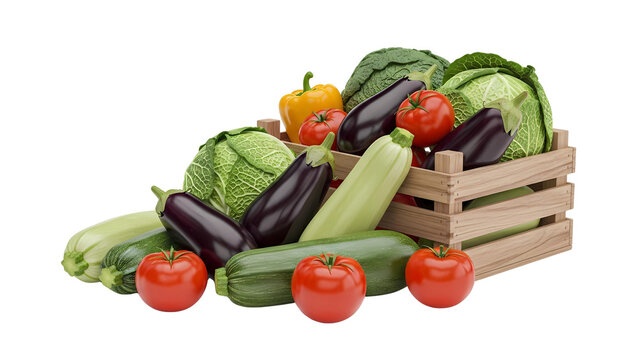 Freshly harvested organic vegetable assortment in a rustic wooden crate on a transparent background