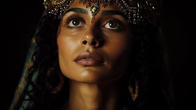 A woman wearing a gold headpiece and a blue dress. She has a serious expression on her face