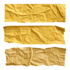 Obraz premium Set of three yellow wrinkled, creased paper stickers for mockup. Isolated on transparent background, png