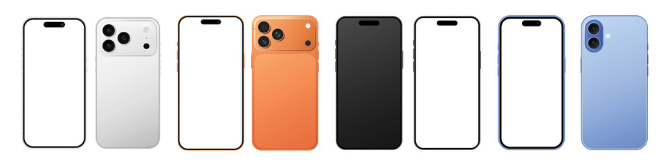 3D smartphone mockup set. Collection of modern mobile phones in various colors. Front and back view with blank screen for app design. Isolated on transparent background.