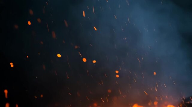 Fiery embers glowing in dark smoky atmosphere rising upwards with soft bokeh effect