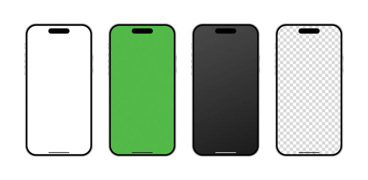 Smartphone mockup set with blank white, green screen chroma key, black, and transparent backgrounds. Modern mobile phone template for app design and UI/UX presentation