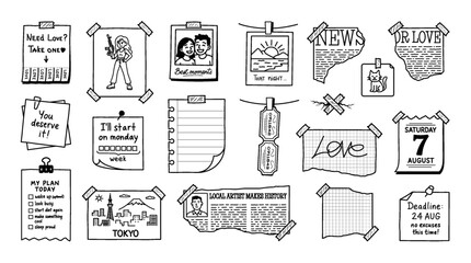 Cute notes in doodle style. Cartoon set - paper sheets, newspaper clippings, photos, postcards, notes, notebook, sheets, stickers, comic-style elements. Vector graphic box stickers in doodle style