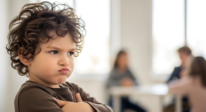 Upset little boy with curly hair and a defiant expression stands with his arms crossed while his family is in the background.