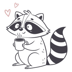 A cute cartoon raccoon holding a mug and smiling