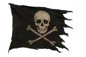 Jolly roger flag flying a tattered skull and crossbones, representing piracy and danger on a transparent background