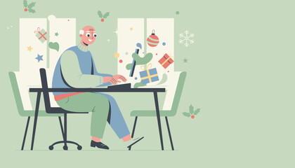 Senior man typing at desk surrounded by Christmas gifts Holiday remote work and online shopping concept