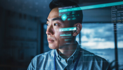 A focused man examines glowing digital data streams reflected on a surface in a dimly lit room with cool blue tones.