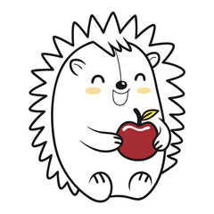 Happy hedgehog holding an apple with a smile  