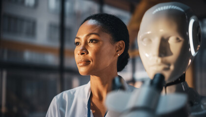 A scientist thoughtfully examines a robotic head in a laboratory.