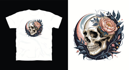 Skull with Peony Flowers Decorative Graphic Vector Illustration Botanical Design Element Anatomy and Floral Arrangement Art for Prints Apparel and Tattoos
