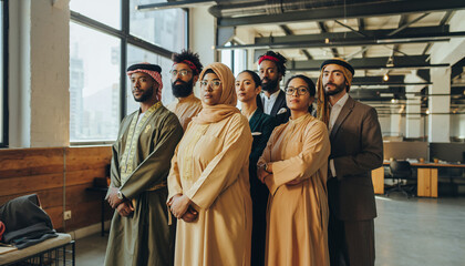 A diverse group of professionals stands together in a modern office space, looking forward with determination.