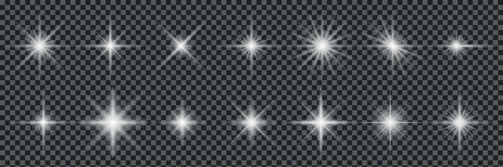 Collection of sparkling starbursts and light effects on a transparent background, ideal for adding a touch of magic to any design project