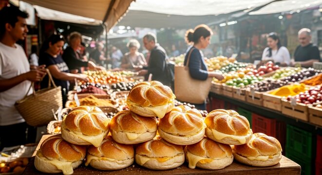 Fresh bread rolls stacked at vibrant market with shoppers browsing  