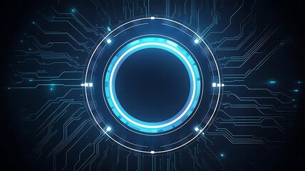 Neon light blue circle portal with electronics elements and wires are on a futuristic technology circuit board. Technology sky-fi background. Round glowing HUD with space for text.