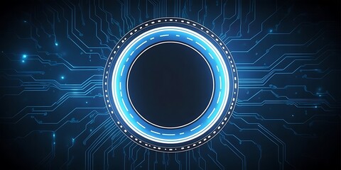 Neon light blue circle portal with electronics elements and wires are on a futuristic technology circuit board. Technology sky-fi background. Round glowing HUD with space for text.
