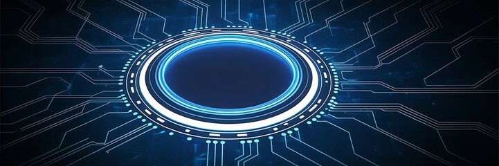 Neon light blue circle portal with electronics elements and wires are on a futuristic technology circuit board. Technology sky-fi background. Round glowing HUD with space for text.