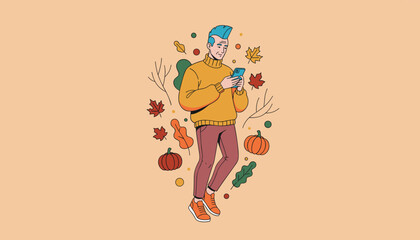Stylish man scrolling on phone amidst autumn leaves and pumpkins Fall season technology and lifestyle