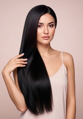 Elegant young woman with luxurious long black hair, styled flawlessly and flowing over her shoulder, emphasizing its remarkable shine and smooth, healthy texture