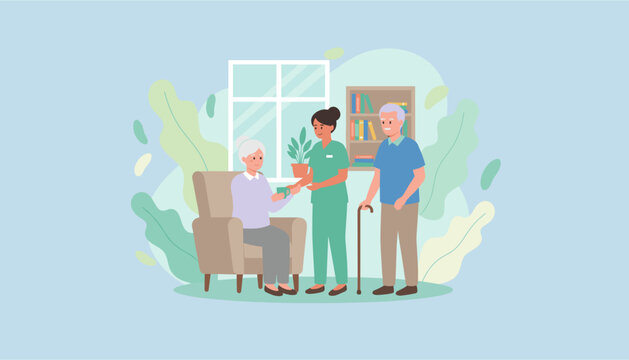 Nurse provides home care assistance to a smiling elderly couple in a supportive environment