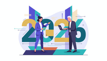 Business team discussing 2026 goals Future strategy planning illustration