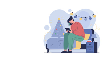Holiday depression Woman sits alone on the bed with tablet near the Christmas tree