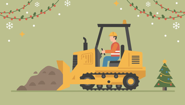Worker on a bulldozer moving dirt under Christmas decorations Holiday construction concept illustration