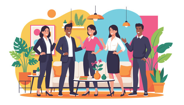 Diverse team of smiling professionals in a modern office lounge Collaboration and business success