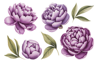 Purple watercolor peony flower set on white background. Elegant violet peony blossoms and leaves watercolor artwork.