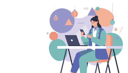 Professional woman works digitally on phone and laptop Remote business concept