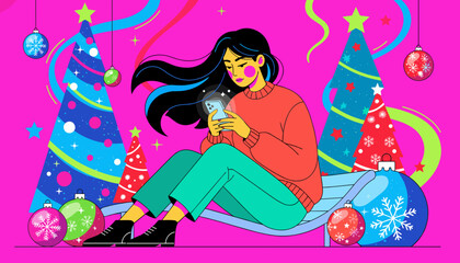 Modern woman using smartphone amid bright holiday illustration of Christmas trees and colorful baubles