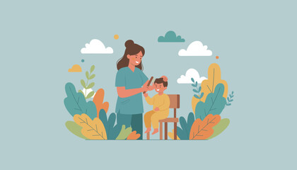 Woman combs happy boys hair in a nature setting Family care parenting and childhood wellness vector