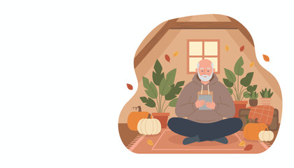 Elderly man reading tablet in cozy autumn attic decorated with pumpkins and plants Relaxed digital lifestyle
