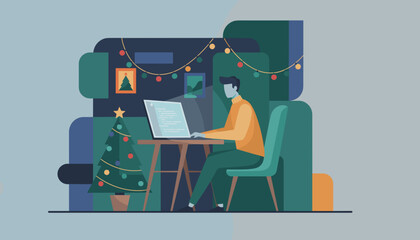Man coding on a laptop next to a Christmas tree Remote work during the holidays