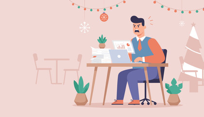 Angry businessman working late during the Christmas holidays stressed by excessive workload and looming deadlines