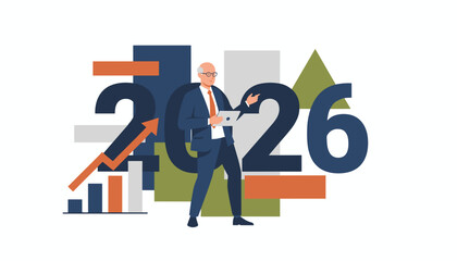 2026 business forecast Senior executive planning financial growth with tablet and up arrow graphic
