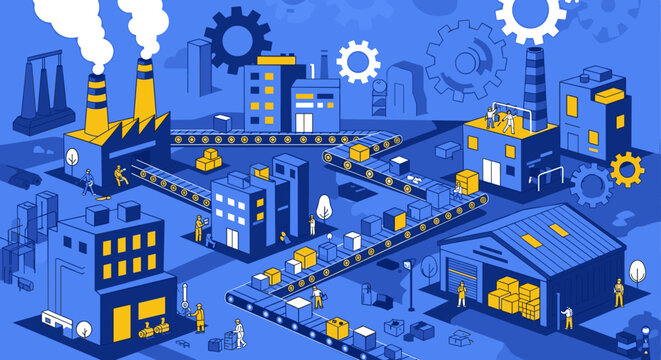 Isometric illustration of a vast automated factory complex with conveyor belts and workers